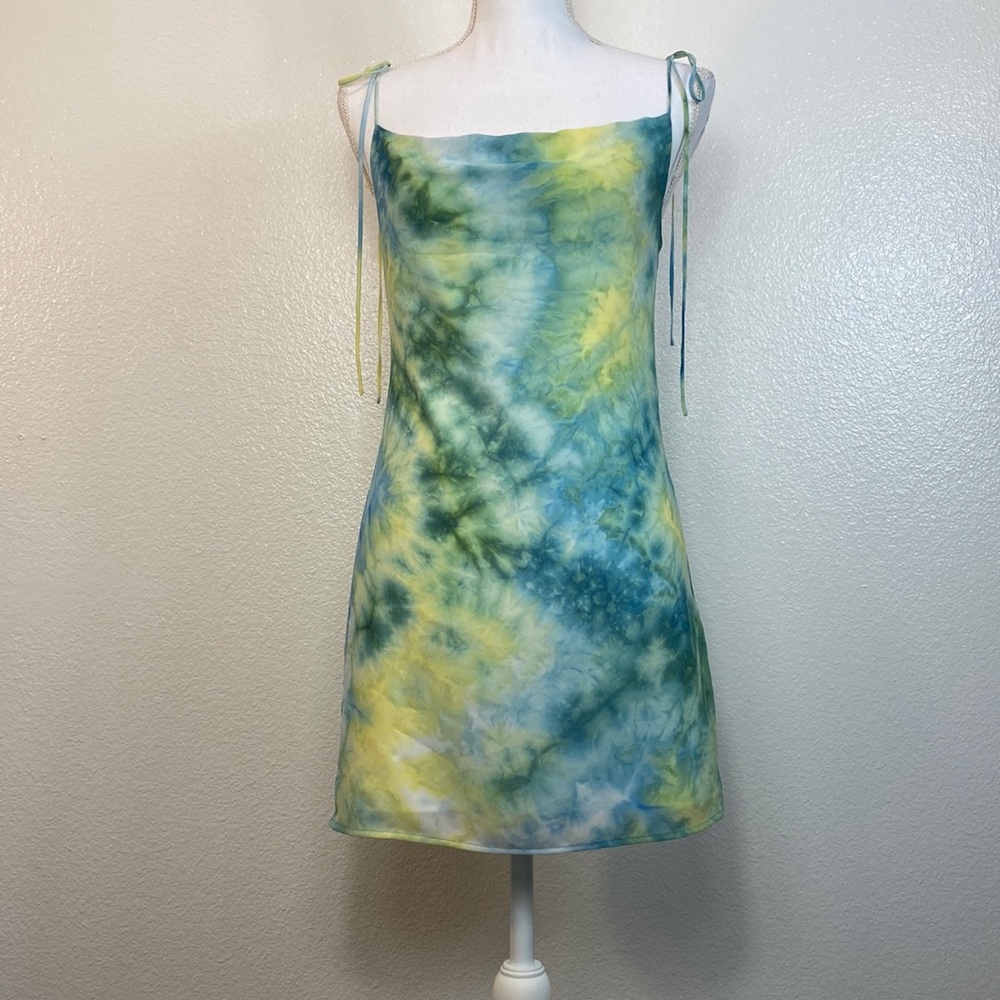 Forever 21 Tie-Dye Blue/Yellow/Green Mini Chiffon Dress, Women's Extra Small